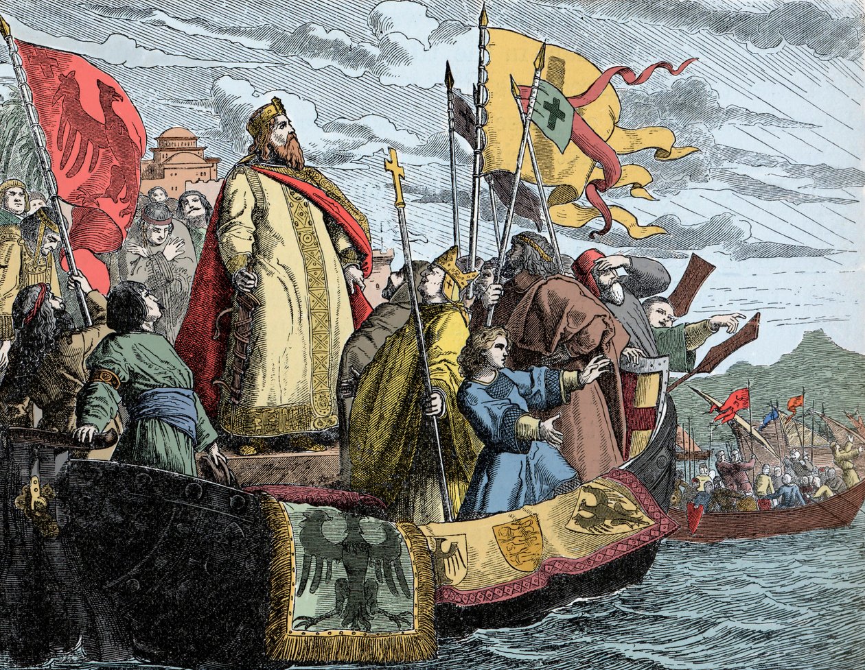 Travessia de Friedrich para a Ásia Menor - Frederic I chamado Frederic Barberousse (1122/25-1190) (Frederic I de Hohenstaufen) durante a 3ª Cruzada (1189). de Unknown artist