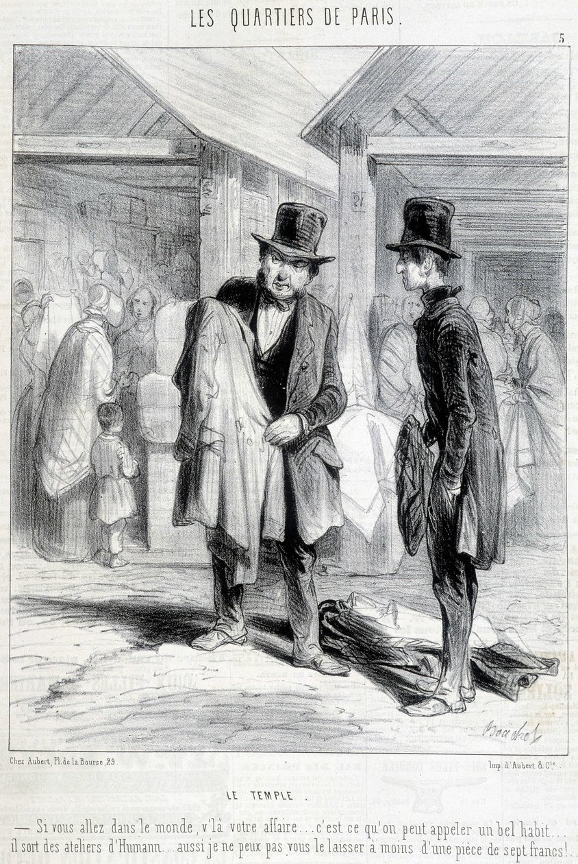 Fripier do bairro do templo em Paris a tentar vender roupa a um homem. Gravura do século XIX. de Unknown artist