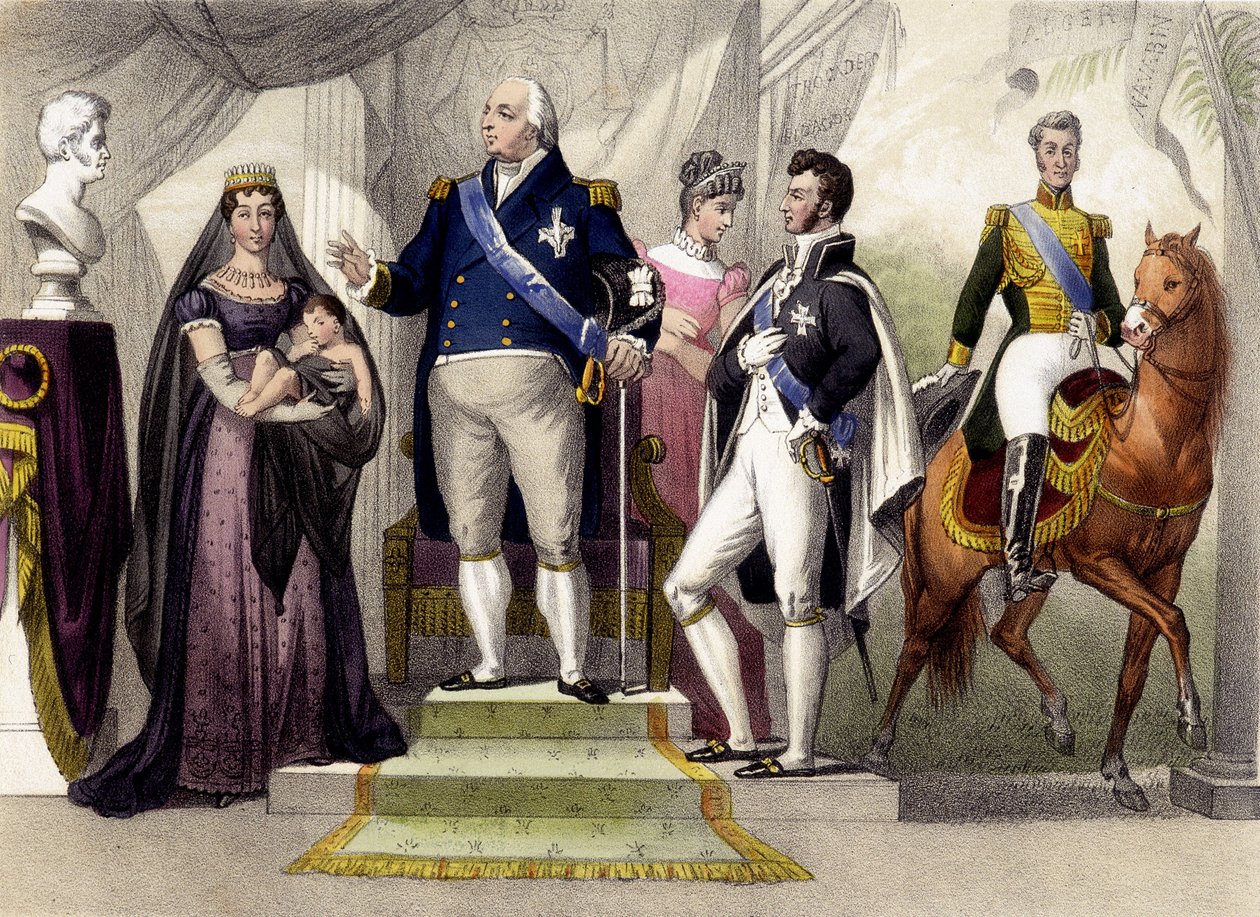 De 1814 a 1830. O Duque e a Duquesa de Berry, Luís XVIII, o Duque de Bordeaux, a Duquesa de Angoulème e Carlos X. Gravura do século XIX. de Unknown artist