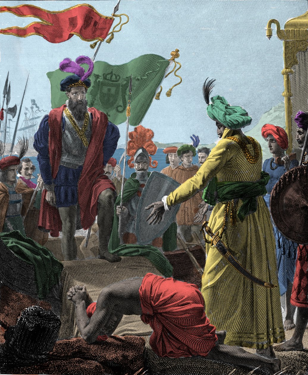 De Vasco de Gama (1469-1524, explorador português) a Calicut (actual Kozhikode) na Índia em 1498. Gravura de 1817. de Unknown artist