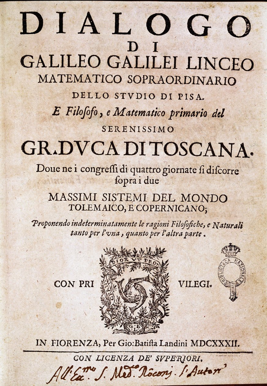 Frontispício do "Diálogo sobre os Dois Grandes Sistemas do Mundo" (dialogo sopra i due massimi sistemi del mondo) encomendado pelo Papa Urbano VIII ao astrônomo e físico Galileu Galilei dit Galilee (1564-1642) por volta de 1620 e publicado em 1632. É de Unknown artist