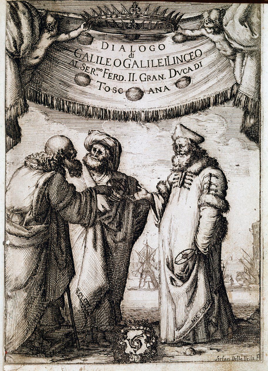 Frontispício do "Diálogo sobre os Dois Grandes Sistemas do Mundo" (dialogo sopra i due massimi sistemi del mondo) encomendado pelo Papa Urbano VIII ao astrônomo e físico Galileu Galilei dit Galilee (1564-1642) por volta de 1620 e publicado em 1632. É de Unknown artist
