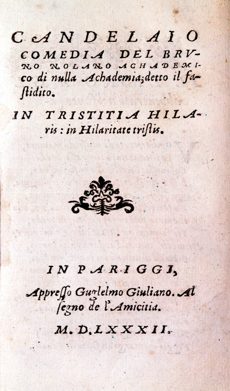 Frontispício de "Il candelaio" de Giordano Bruno (1546-1600), filósofo e teólogo italiano. 1582 de Unknown artist