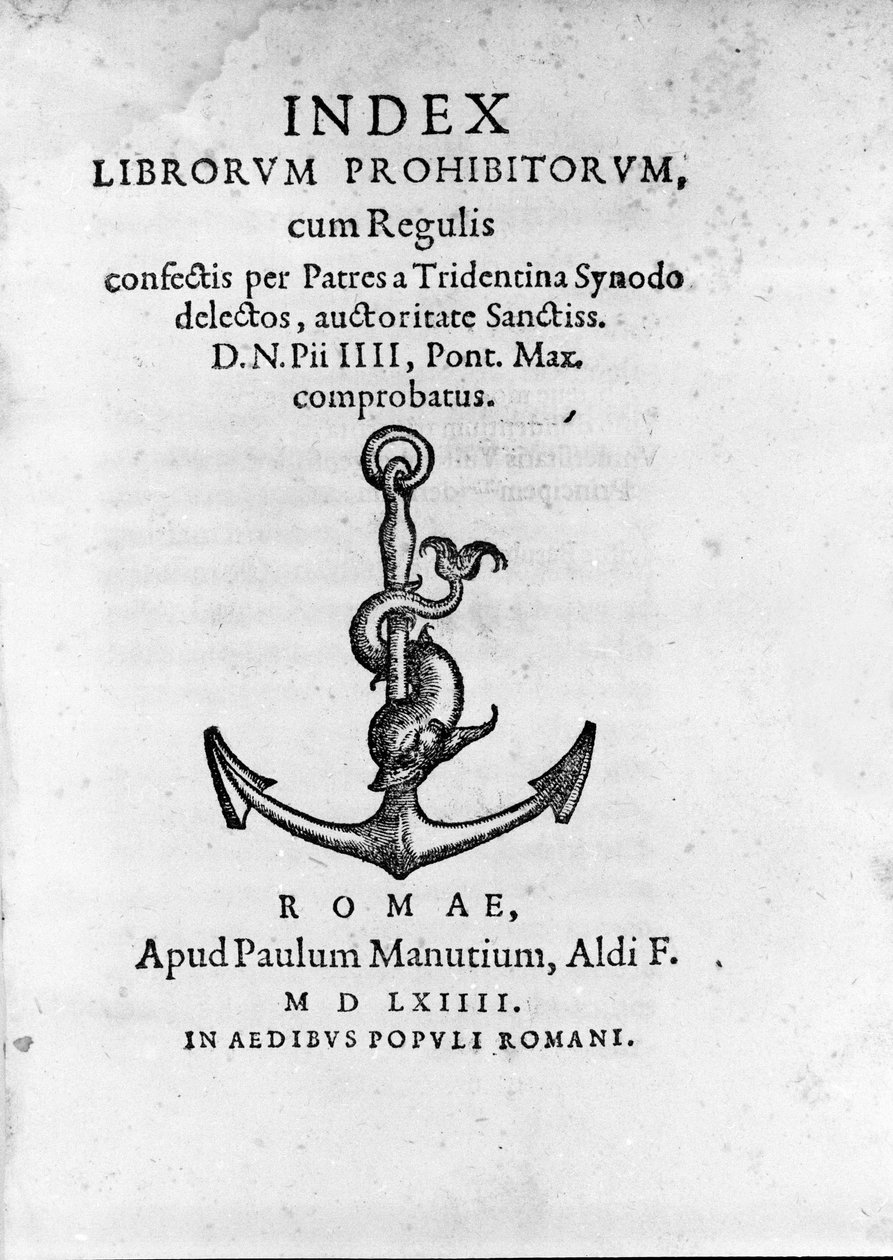 Frontispice do Index Librorum Prohibitorum (Índice de Livros Proibidos ou Index Exurgatorius) publicado em Roma em 1564. Ele lista livros que os católicos romanos não estavam autorizados a ler. de Unknown artist