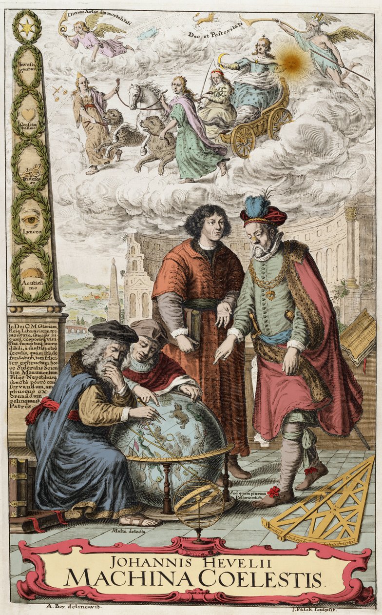 Frontispício de "Machina coelestis" de Johannes Hevelius (Jan Heweliusz) (1611-1687) 1673 - Johannes Hevelius (1611-87) astrônomo polonês; a imagem mostra os quatro grandes astrônomos, Hipparchus (c.190-120 AC) (Hipparchus), Ptolomeu (83-161 DC) (Claude Pt de Unknown artist