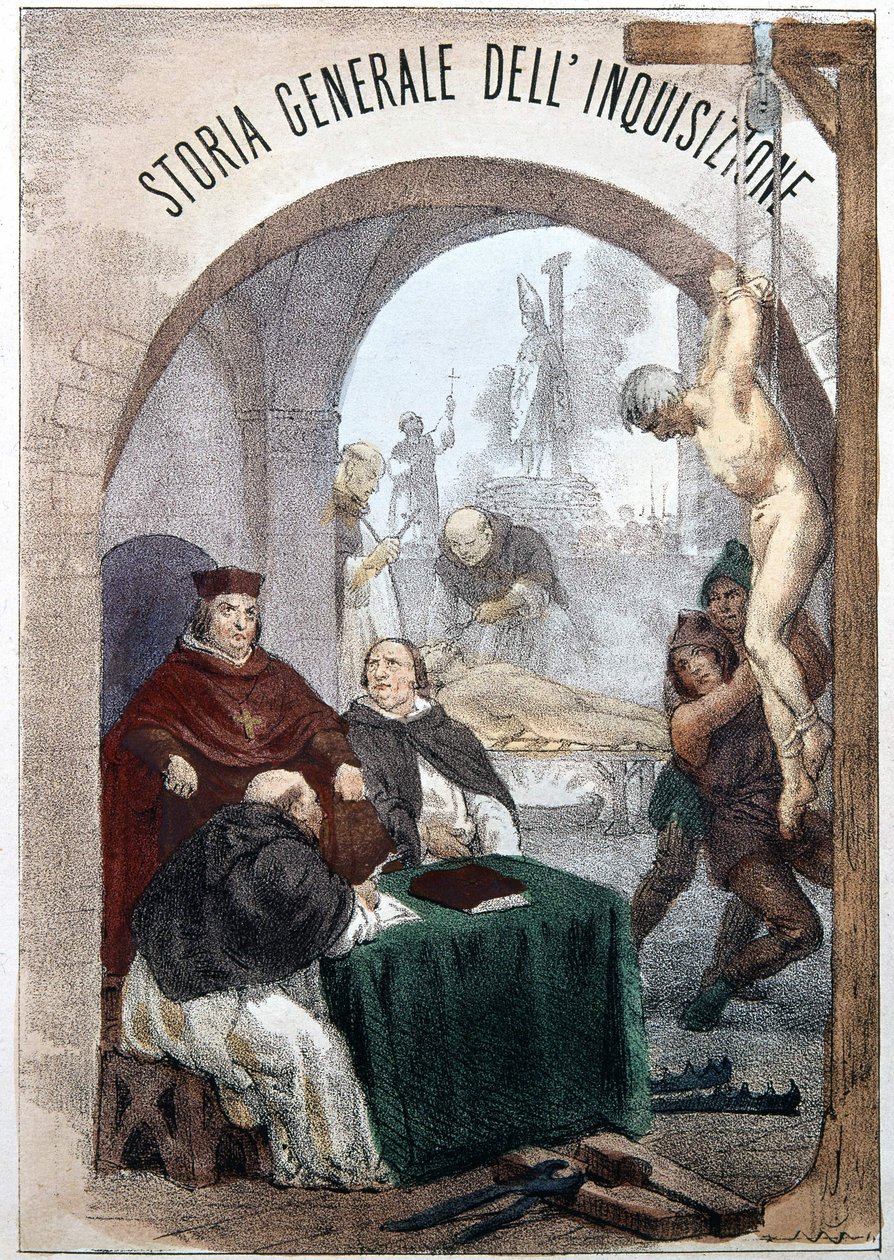 Frontispício da História Geral da Inquisição de Pietro Tamburini com uma ilustração que retrata cenas de inquisição simbólica. Milão 1850. de Unknown artist