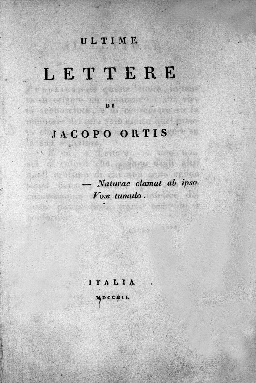 Frontispício de "As últimas cartas de Jacopo Ortis" do poeta e dramaturgo italiano Ugo Foscolo (1778-1827) 1802 de Unknown artist