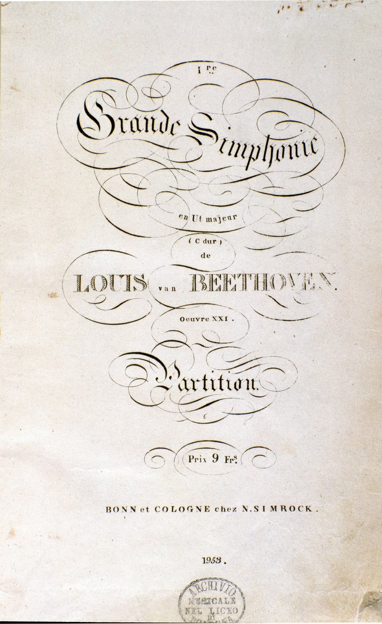 Frontispício da primeira edição alemã da partitura da Sinfonia n. 1 em C maior do compositor alemão Ludwig van Beethoven (1770-1827) (1799-1800). Bonn de Unknown artist