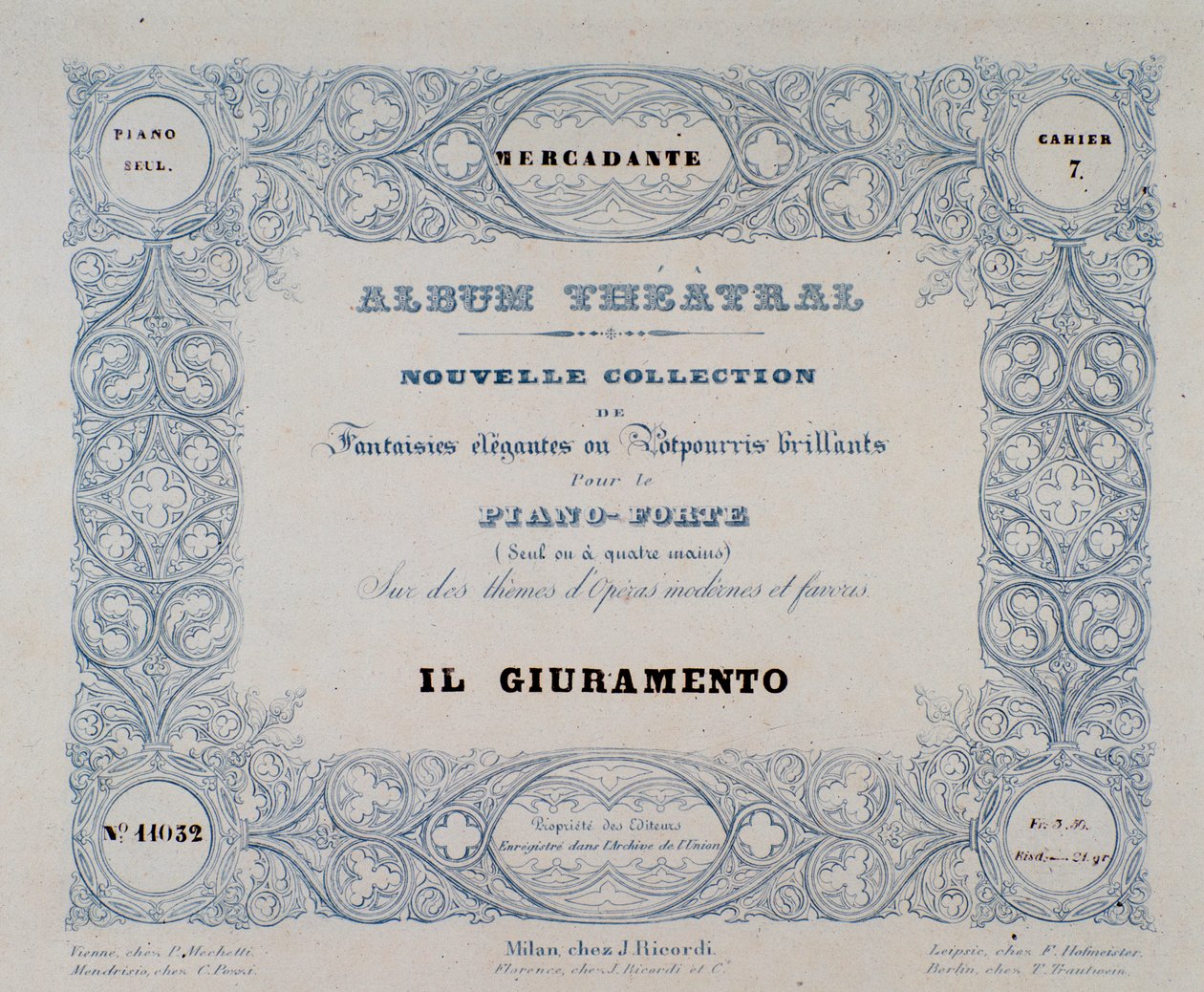 Frontispício da ópera Il Giuramento, de Mercadante (1837) de Unknown artist
