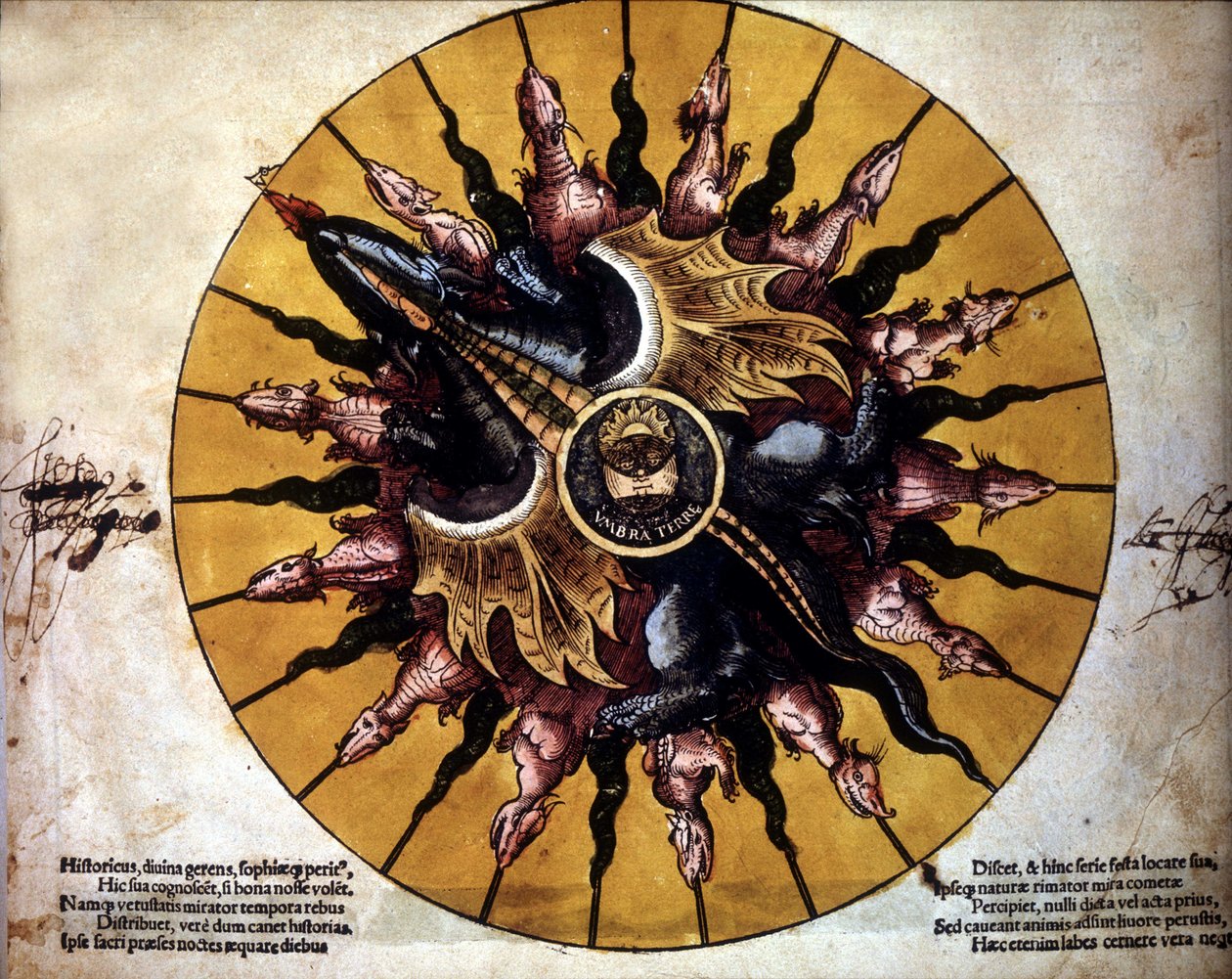 Frontispício representando um sol - em "Astronomicum Caesarium", tratado de astronomia relacionando a teoria de Ptolemeus, de P. Apiano. de Unknown artist