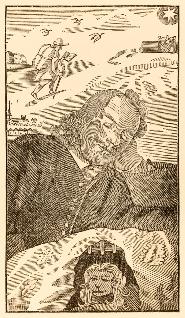 Frontispício dos peregrinos Progresso deste mundo, ao que está por vir por John Bunyan (1628-1688) mostrando o autor sonhando com o peregrino cristão sobrecarregado com o conhecimento de seu pecado de Unknown
