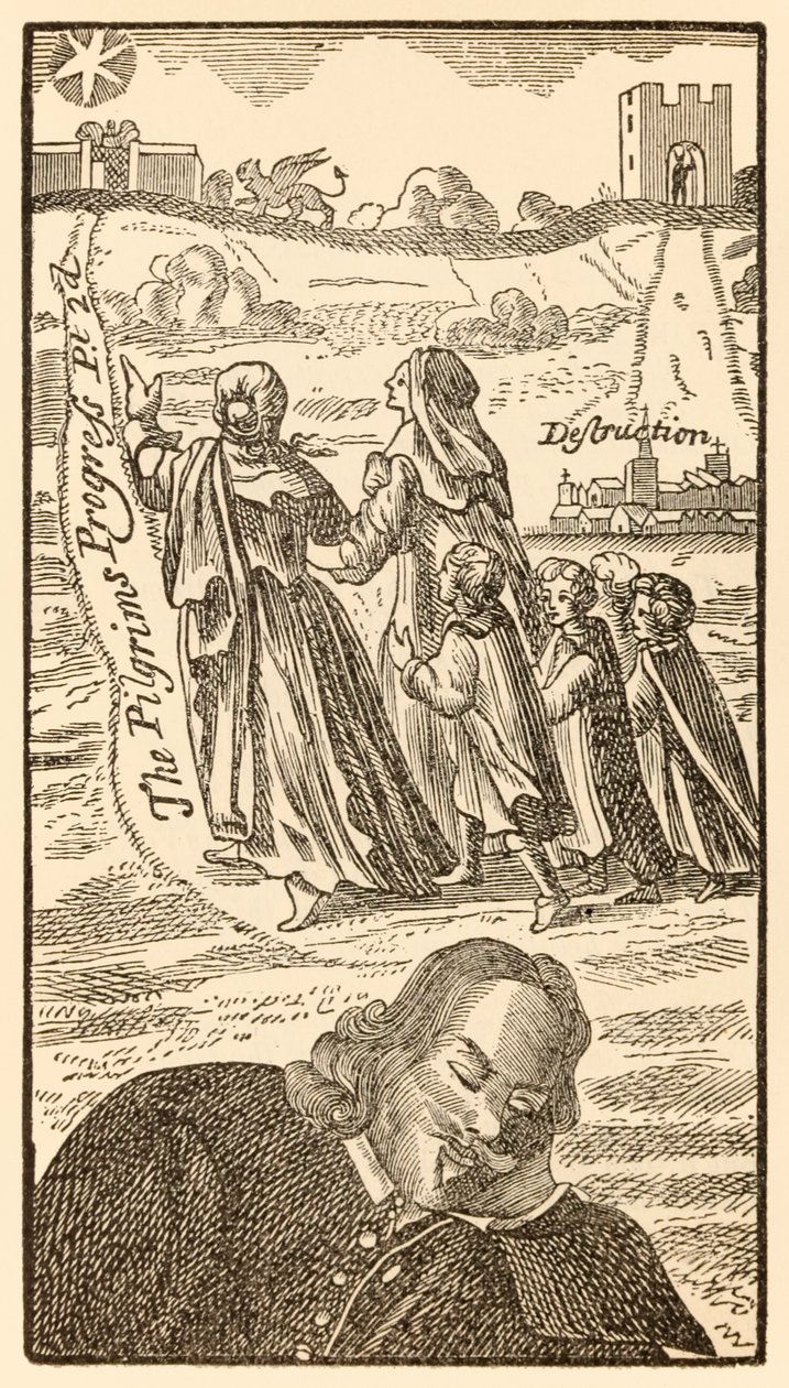 Frontispício da Segunda Parte dos Peregrinos Progresso deste mundo, ao que está por vir John Bunyan (1628-1688) mostrando o autor sonhando com a família cristã, sua esposa Christiana de Unknown