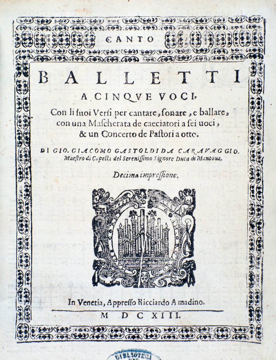 Frontispício do Balletti para cinco vozes de Giovanni Giacomo Gastoldi de Unknown artist