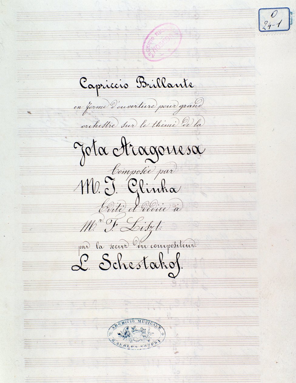 Frontispício de Capriccio brilhante sobre o tema de Jota Aragonese (Abertura espanhola nº 1) por Mikhail Glinka de Unknown artist