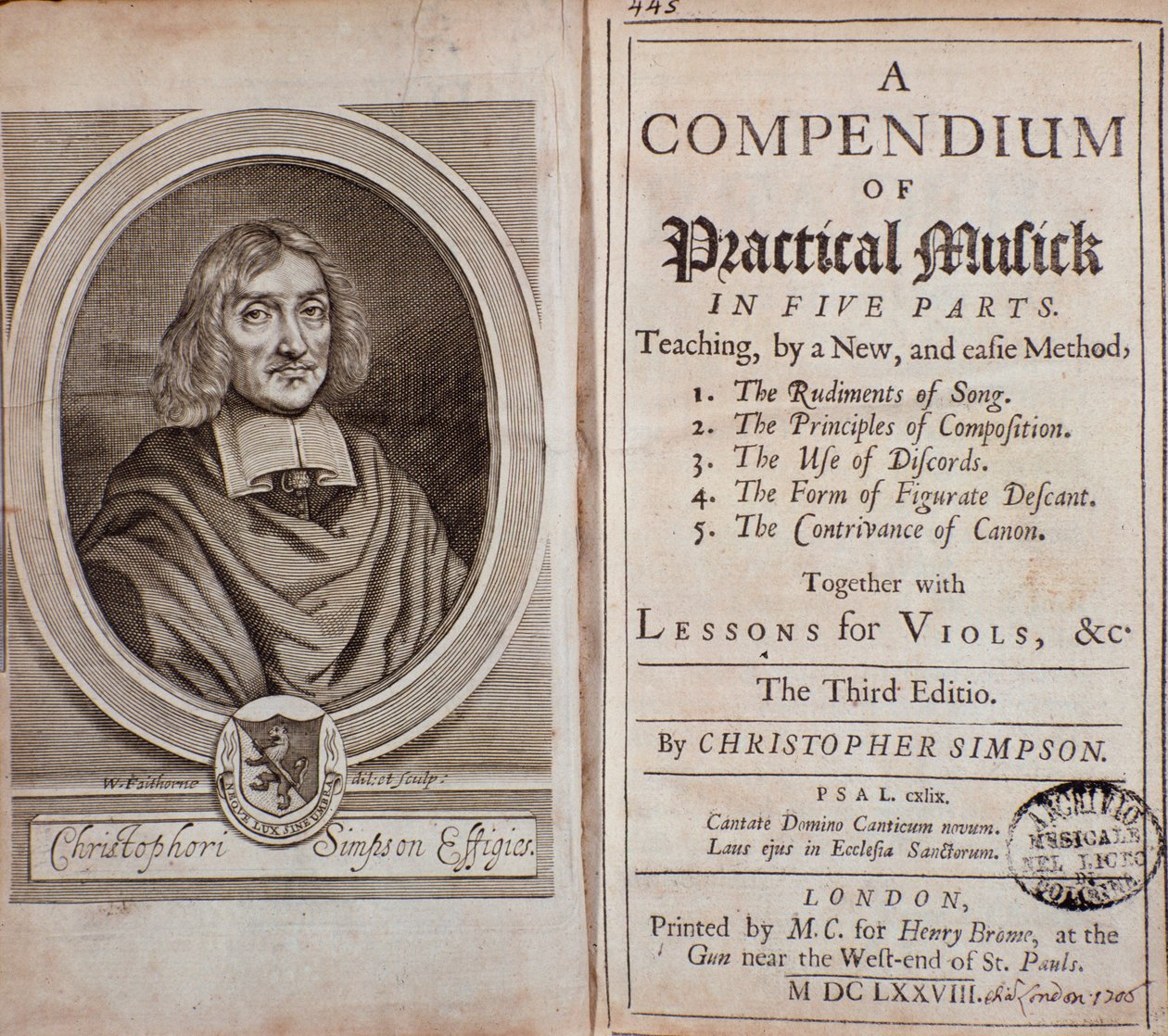 Frontispício do Compêndio de música prática em cinco partes com aulas de viola da gamba de Cristopher Simpson de Unknown artist