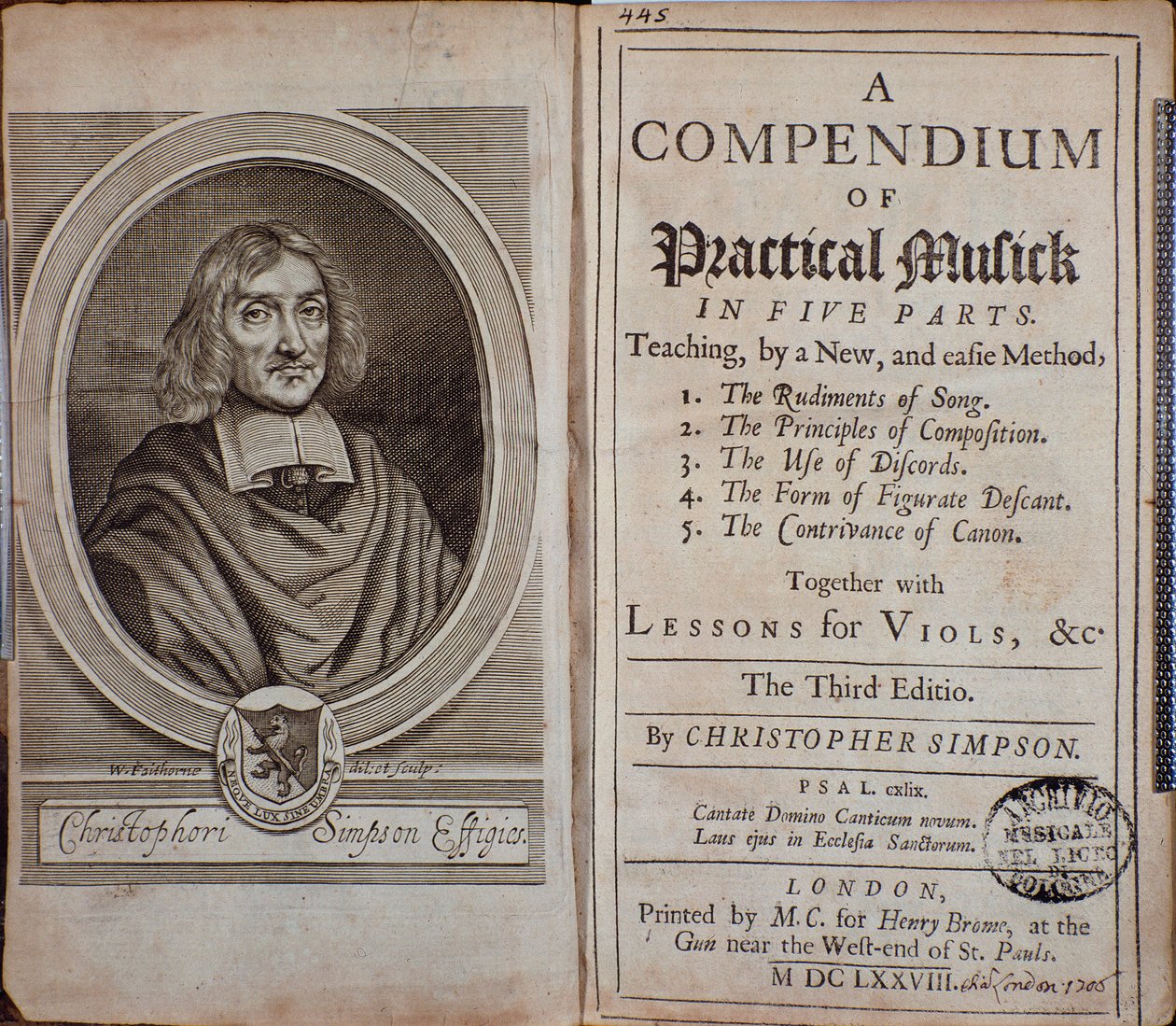 Frontispício do Compêndio de música prática com retrato de Christopher Simpson de Unknown artist