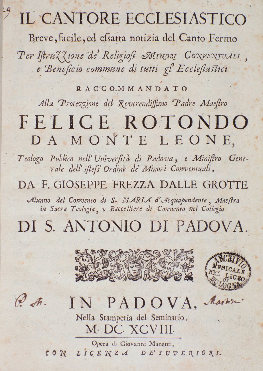 Frontispício do Il cantore ecclesiastico de Giuseppe Frezza dalle Grotte de Unknown artist