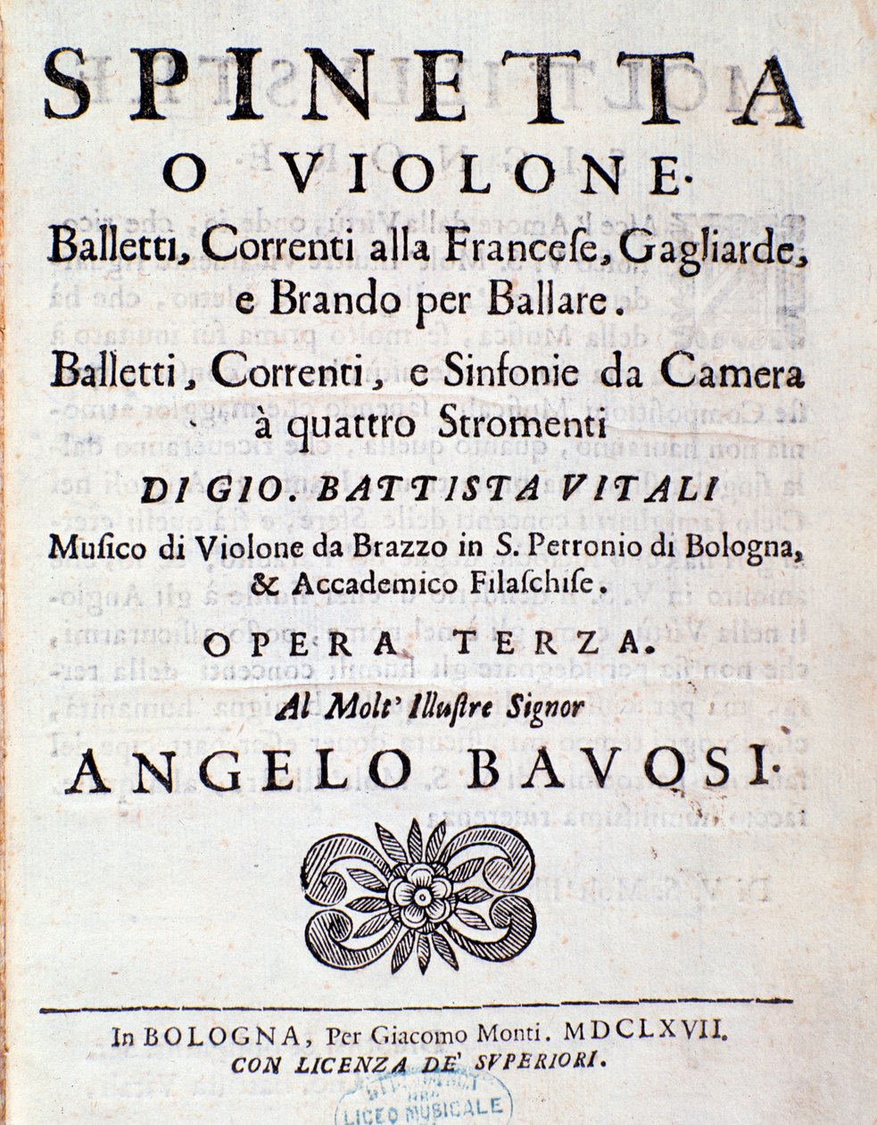 Frontispício da partitura musical do Balletti, correnti alla francese opus 3 de Giovanni Battista Vitali (litho) de Unknown artist