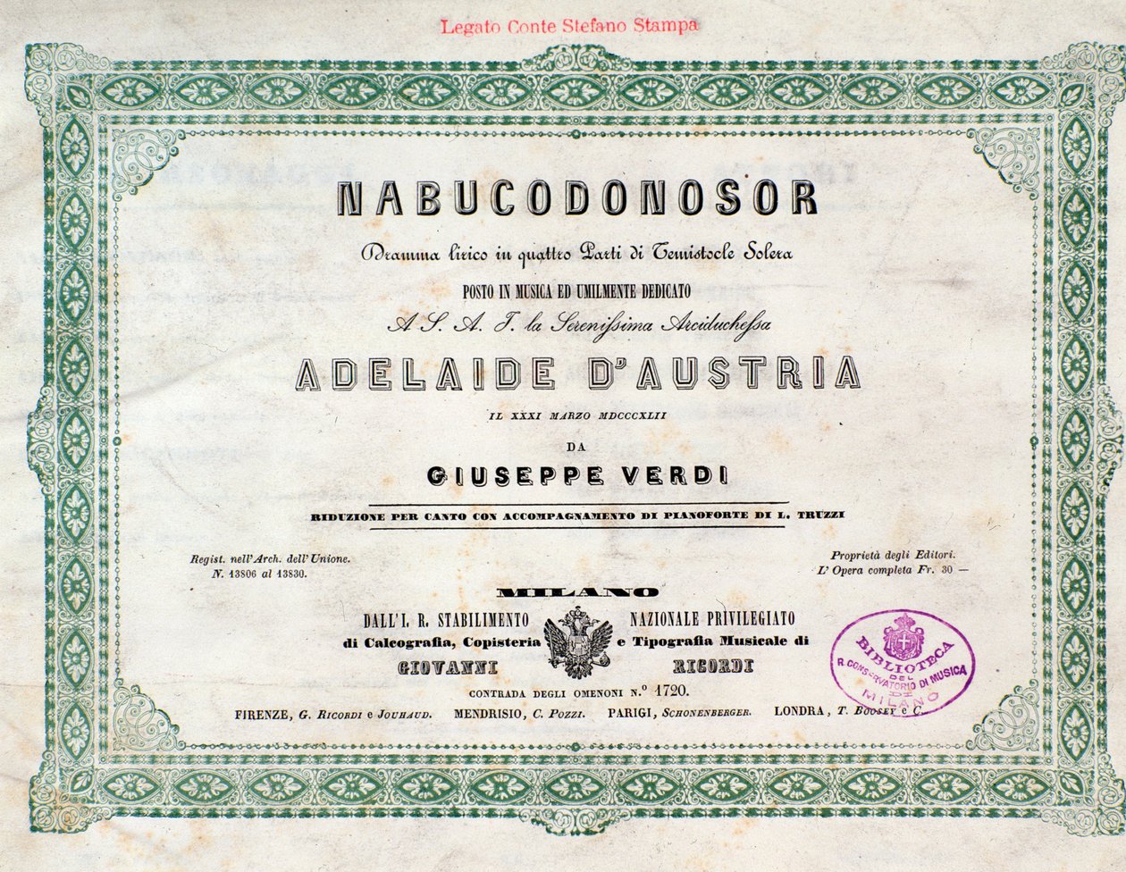 Frontispício da partitura da ópera Nabucco de Giuseppe Verdi de Unknown artist