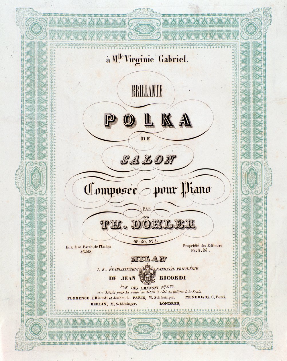 Frontispício da partitura musical da Polka de salon de Theodor von dohler de Unknown artist