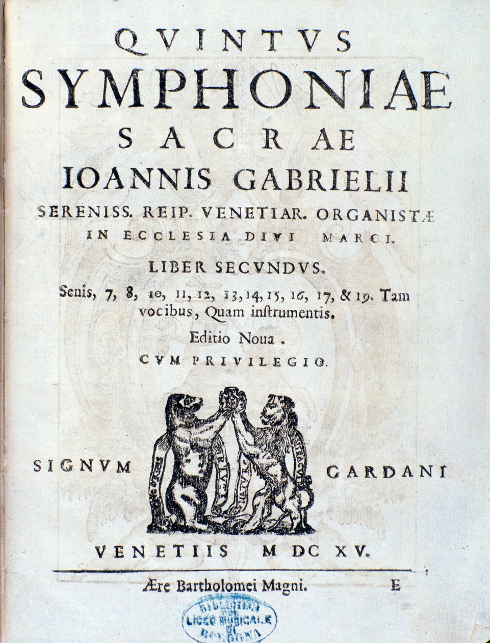 Frontispício do segundo livro da sinfonia de Sacrae, de Giovanni Gabrieli de Unknown artist