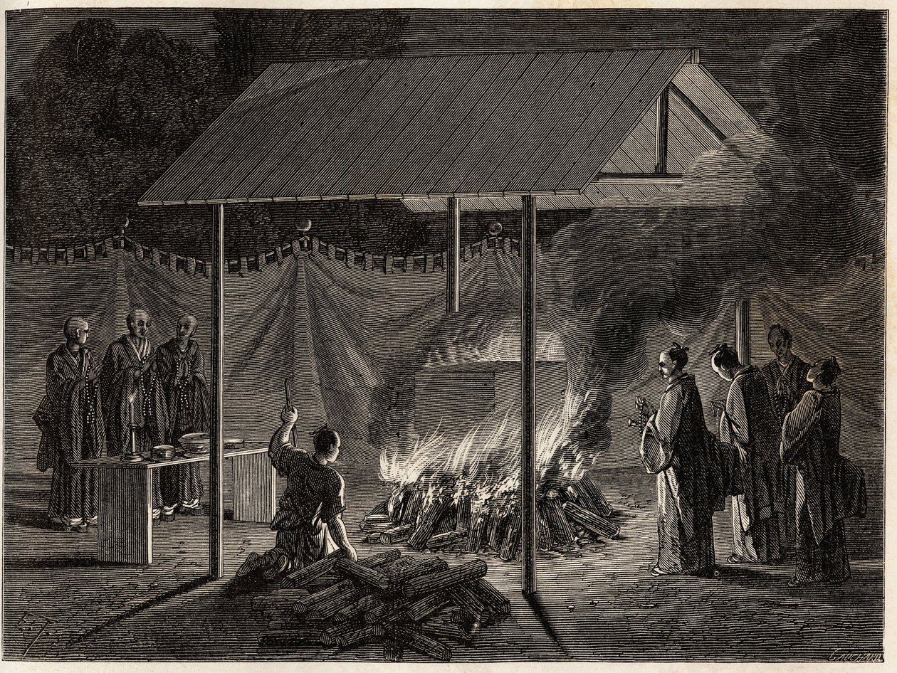 Cerimónias fúnebres: incineração ritual. Gravura para ilustrar a viagem ao Japão em 1863-1864, de Aime Humbert, ministro da Confederação Suíça, no "Le tour du monde, nouveau journal des voyages", publicado sob a direção de Edouard Charton de Unknown artist