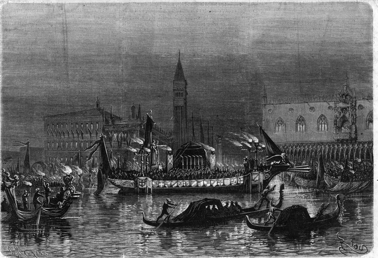 Funeral de Daniele Manin (1804-1857), que participou no Risorgimento, em Veneza: a gôndola mortuária carregando as cinzas em direção à Igreja de São Zacarias passa em frente ao palácio real. Gravura em "O Universo Ilustre". de Unknown artist