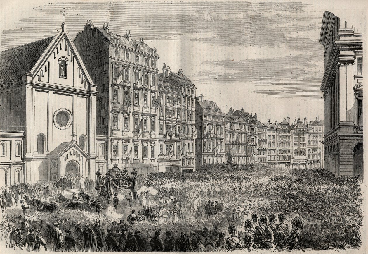 Funeral do Imperador Maximiliano I do México (1832-1867): chegada do cortejo fúnebre em frente à Igreja dos Capuchinhos de Viena. Gravura em "L