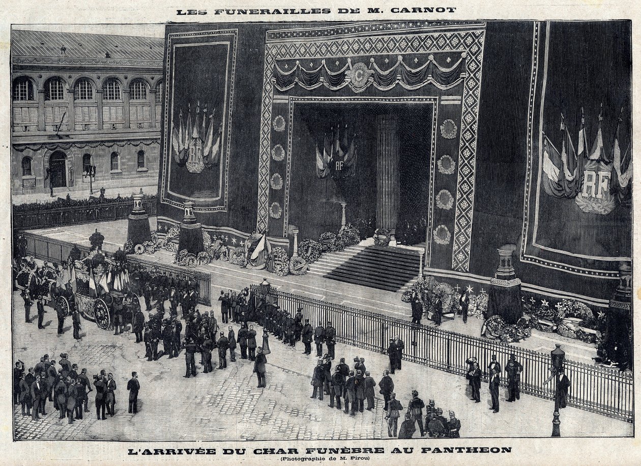 Funeral de Sadi Carnot (1837-1894), ex-presidente francês, no Pantheon de Paris. Chegada do tanque funerário. Gravura no "Le Parisien". de Unknown artist