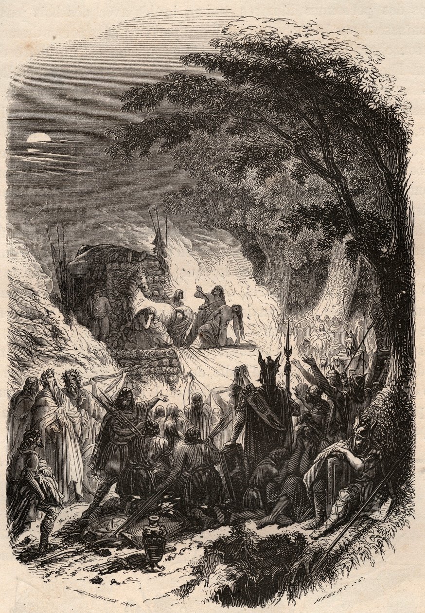 Funeral de um chefe Germain em Antiquite: o seu corpo é queimado com as suas armas e o seu cavalo. Gravura de 1868 em "Histoire de Belgique desde os tempos primitivos até o fim do regimento de Leopoldo I" de Theodore Juste (1818-1888). Coleção privada. de Unknown artist