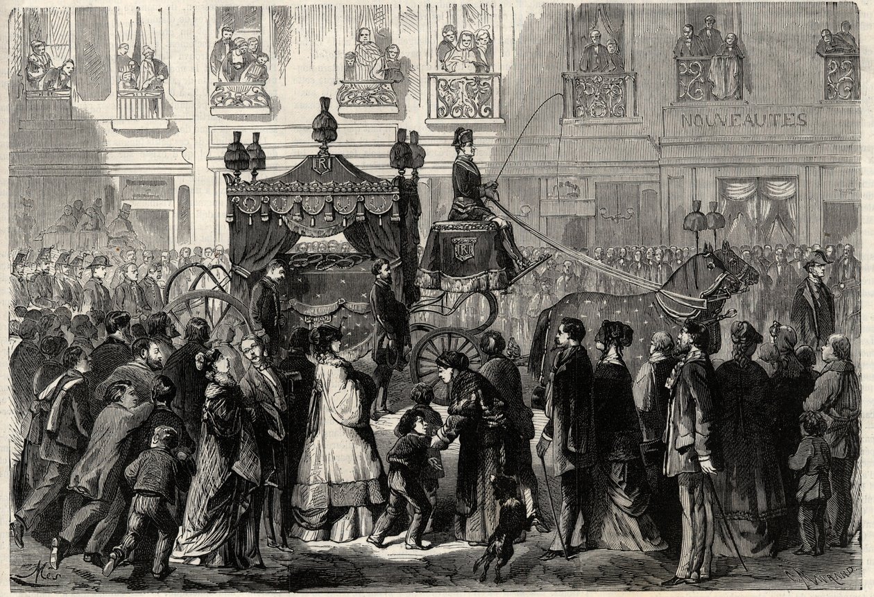 Cortege funerário durante os obseques de Gioacchino (Gioachino) Rossini (1799-1868) em Paris. Gravura em "The Universe illustrious" (O Universo ilustre) de Unknown artist