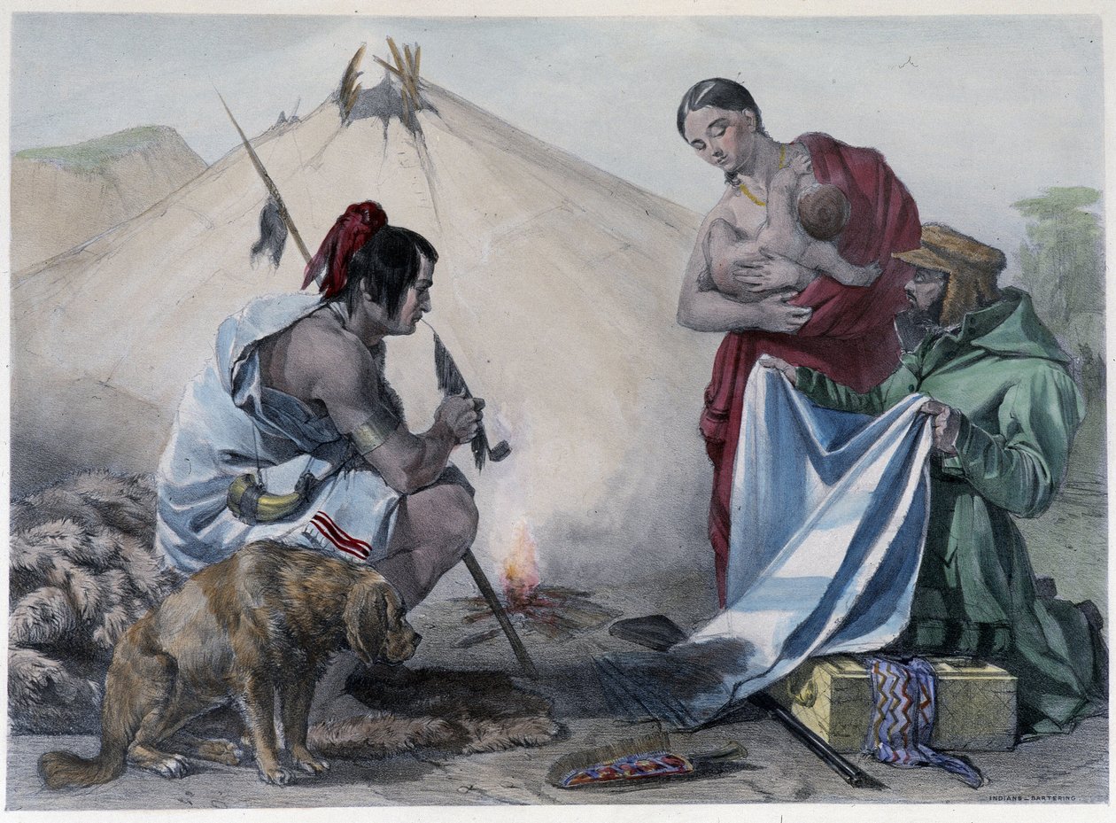 Troca de peles por tecidos entre os índios Huron canadenses e o homem branco - em "Shyth