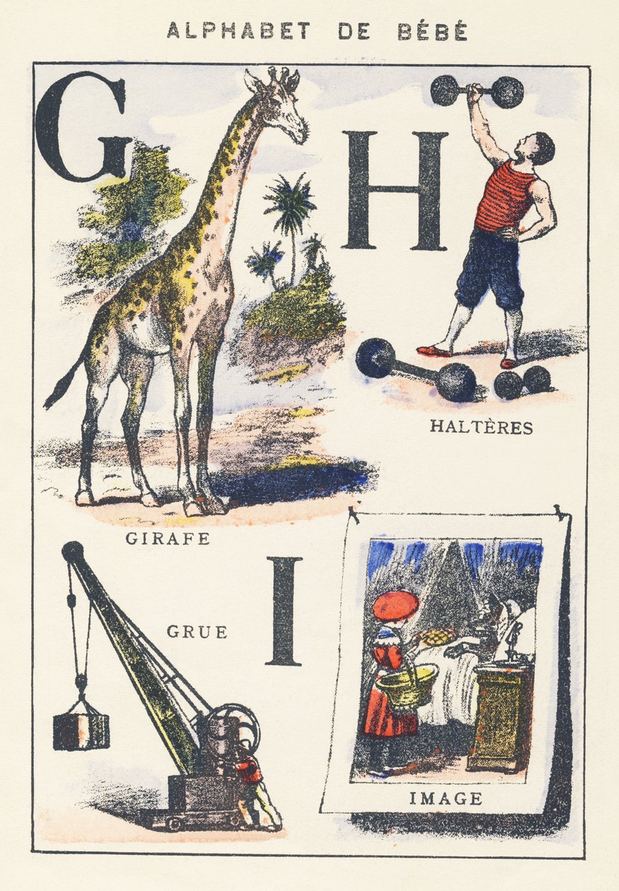 GHI: girafa, guindaste, halteres, imagem de Unknown artist