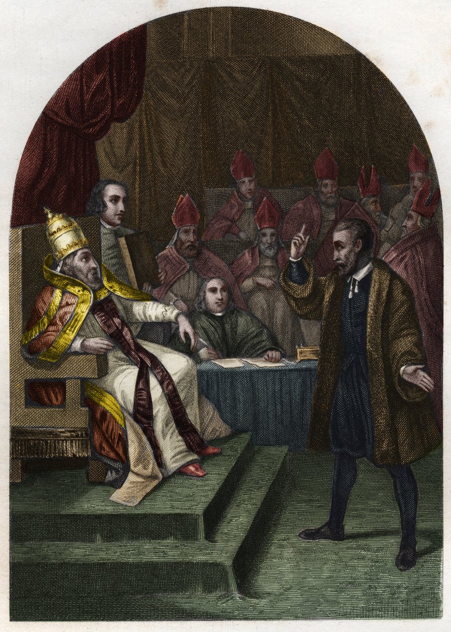 Galileia (ou Galileu Galilei (1564-1642) perante o Papa Urbano VIII em 1633. (Urbano 8 Maffeo Barberini) Gravura de 1842 no "Histoire des popes" de Maurice Lachatre. Coleção privada. de Unknown artist