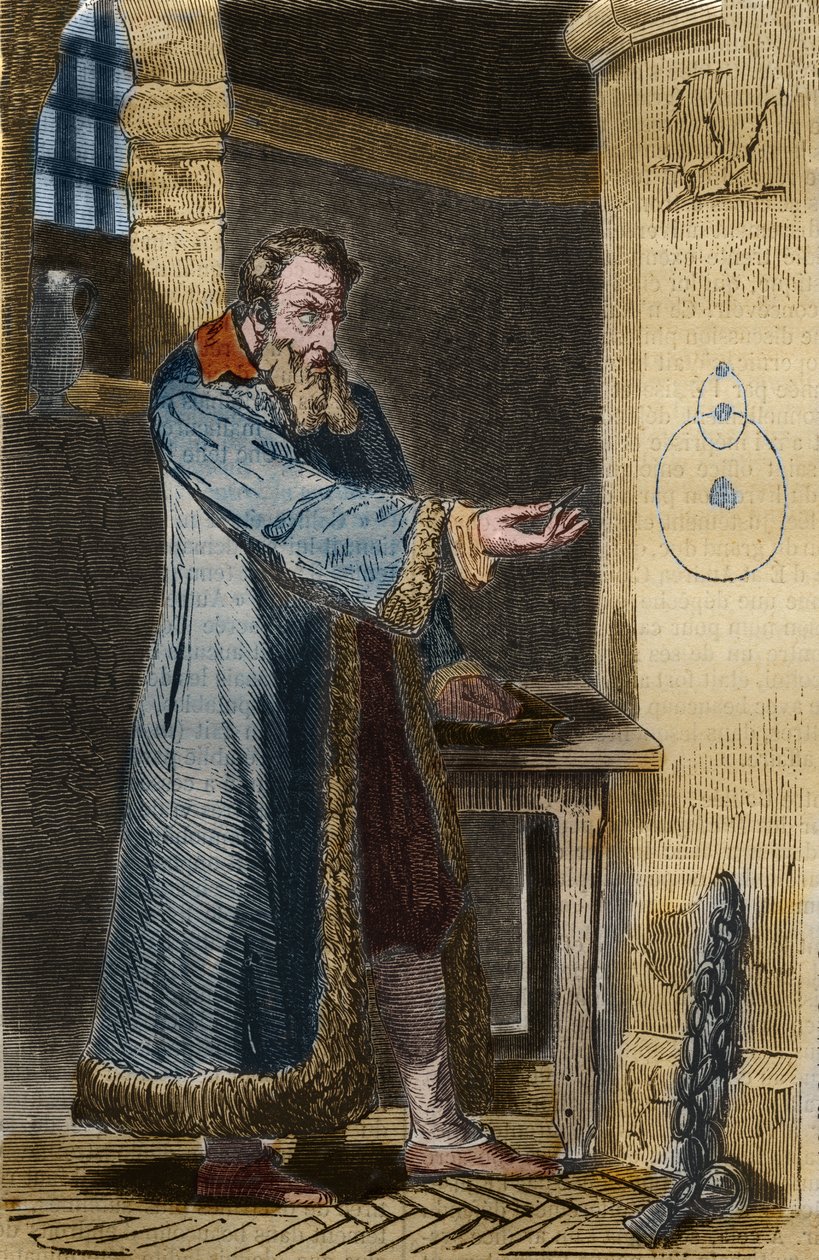 Galileia e a Inquisição: "E puro tão muove! "(E ainda assim gira). O astrônomo italiano Galileu Galilei (1564-1642) pronunciou suas palavras em 1633 em sua prisão depois de ter sido forçado perante a Inquisição a negar sua teoria de que a Terra gira em tor de Unknown artist