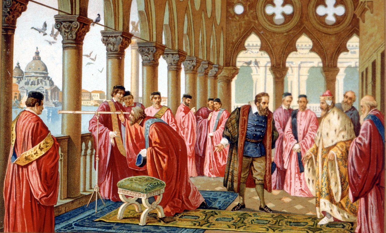 Galileo Galilei (1564 - 1642) apresenta a sua luneta no Palácio dos Doges em Veneza. chromolithographof do século XIX. de Unknown artist