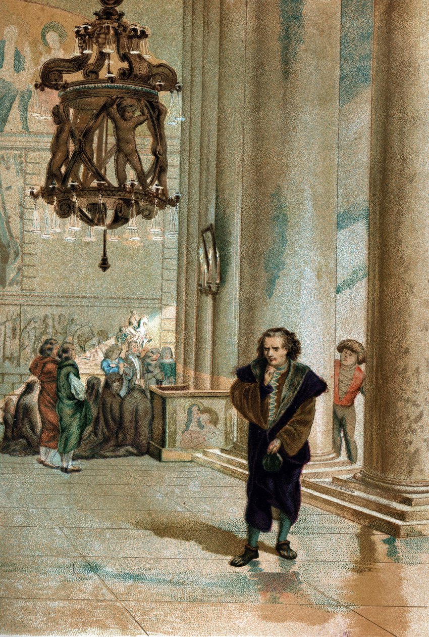 Galileo Galilei dit Galileo (1564 - 1642).observando a oscilação da lâmpada da Catedral de Pisa. de" La Ciencia y sus Hombres por Louis Figuier" Barcelona 1881 de Unknown artist