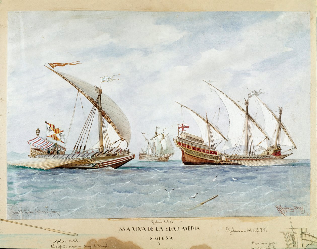 Galley e galeão do século XV (Aquarela de Unknown artist