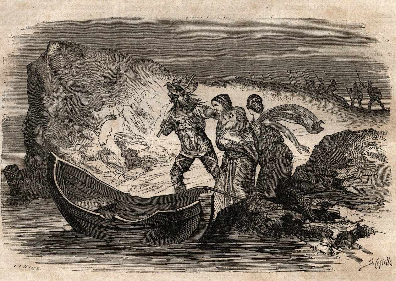 Guerras Gálicas, 58-51 AC. Vitória romana sobre as tribos alemãs sob Ariovistus - Ariovistus forçado a recrutar o Reno - Arioviste force de iron the Rhine - gravura em "Dictionnaire populaire illustrious" - 1864 - por Joseph December e Edmond Allonier de Unknown artist