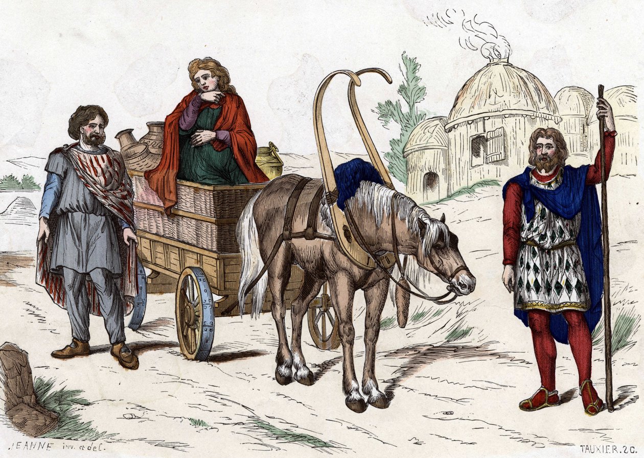 Habitação gálica, mulher, camponesa, carruagem, agricultor rico, arreios - em "Les Costumes civil et militaires des Français dans travers les siècles Paris F. Roy 1882". de Unknown artist