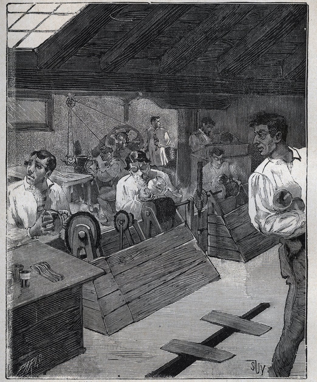Douradura galvânica: raspador-boessage de jóias de ouro com raspador-boessage. Gravura de 1885 em "Les arts et metiers illustres" de Adolphe BITARD. de Unknown artist