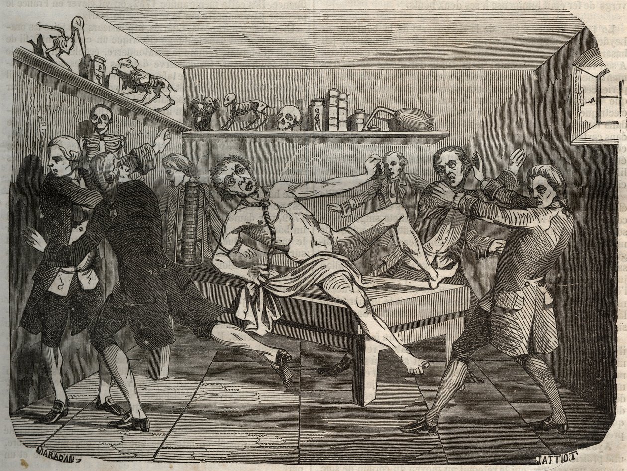 Galvanização do cadáver de um carrasco com a pilha de Alessandro (Alexandre) Volta: sob a influência da eletricidade, o cadáver parece voltar à vida. Gravura de 1856 em "Le Musee Des Sciences". de Unknown artist