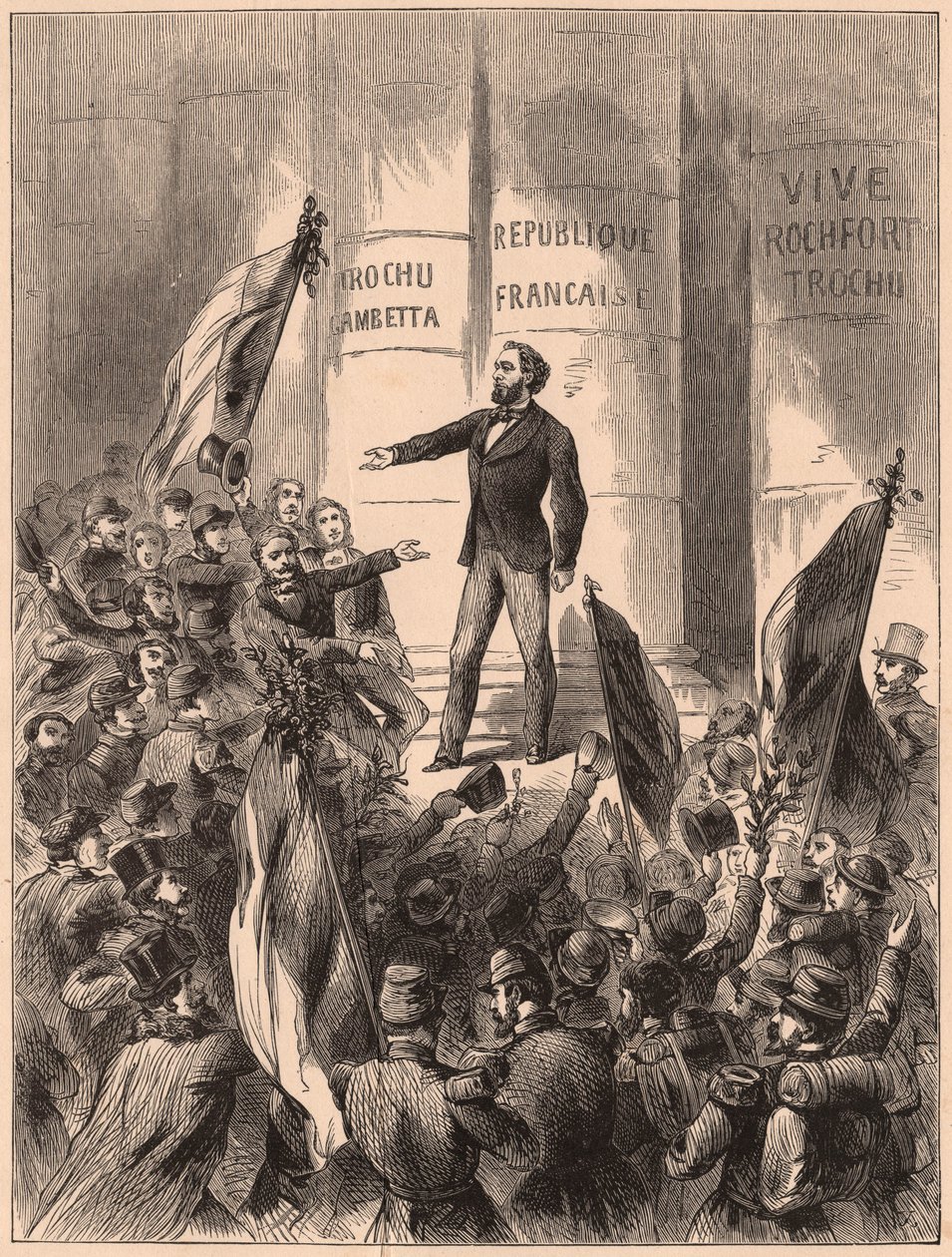 Gambetta, nos degraus do Hotel de Ville em Paris, proclamando a República após a captura de Napoleão III na Batalha de Sedan na Guerra Franco-Prussiana de 1870 de Unknown