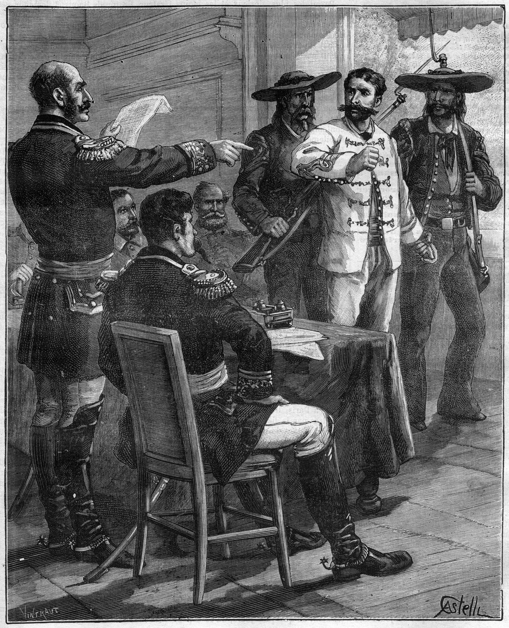 Gaston de Raousset-Boulbon (Raousset Boulbon) (Gaston Raoulx Boulbon) 1817-1854 traduzido perante um conselho de guerra, em 1854 no México - gravura de 1888 de Unknown artist