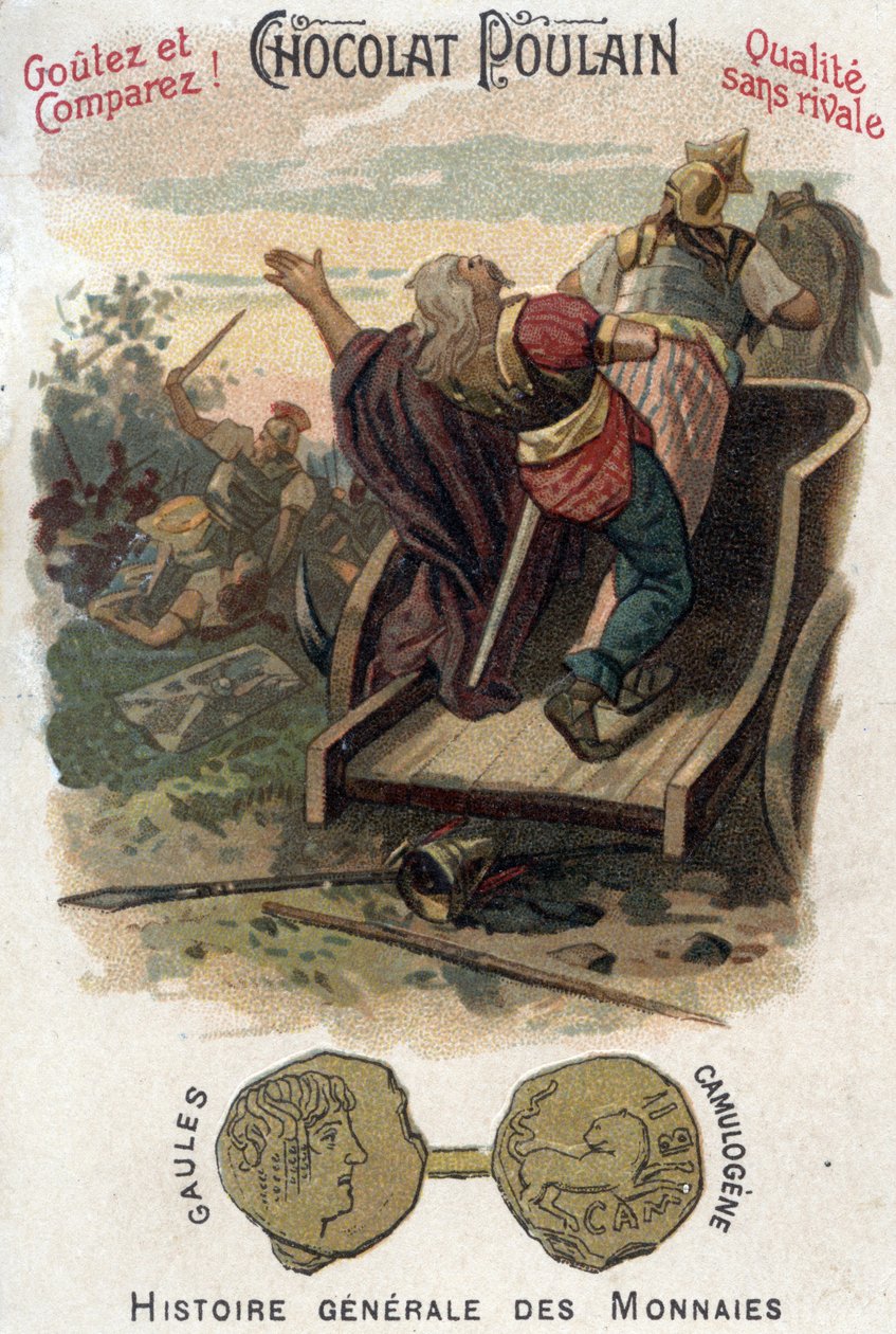 Gauleses Aulerque: Batalha de Lutécia entre Camulogene e Labienus em 53 AC. Em História Geral das Moedas. Cromolitografia de Chocolate-Foal do final do século XIX. Colecção privada. de Unknown artist