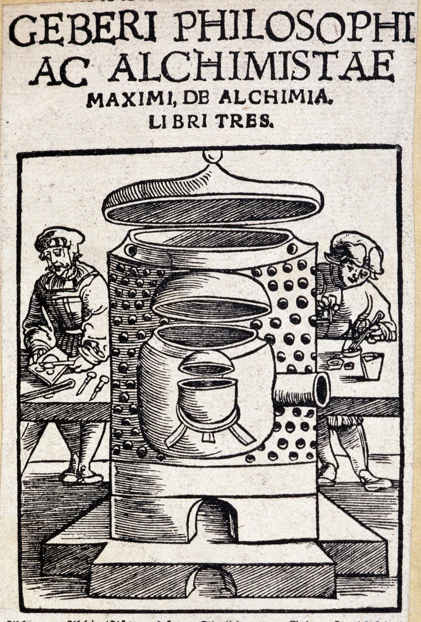 Geberi philosophi ac alchimistae página de rosto de um acordo de alquimia. Geber (v721-v815), alquimista árabe de Unknown artist