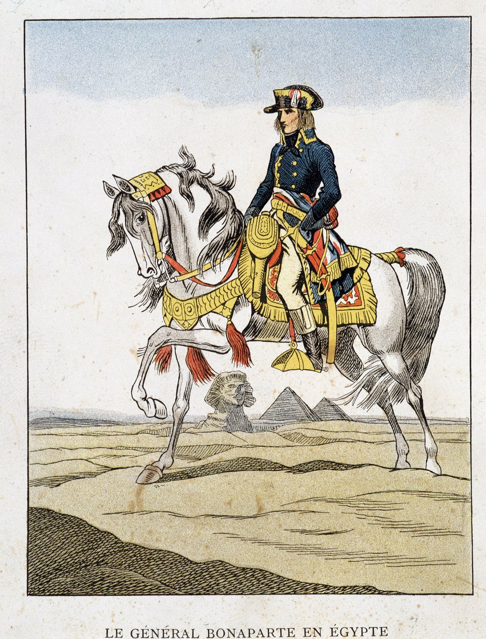 General Bonaparte no Egito, um retrato cavalgando em frente às pirâmides e à esfinge. de Unknown artist
