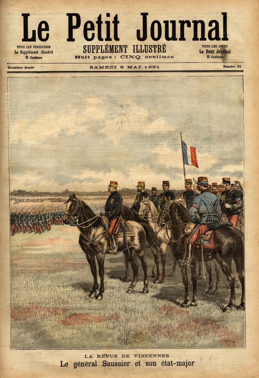 O General Felix Gustave (Felix-Gustave) Saussier (1828-1905) e seu estado-maior revisaram as tropas em Vincennes. Gravação em "Le petit journal illustrious" 09/05/1891. A coleção de Selva. de Unknown artist