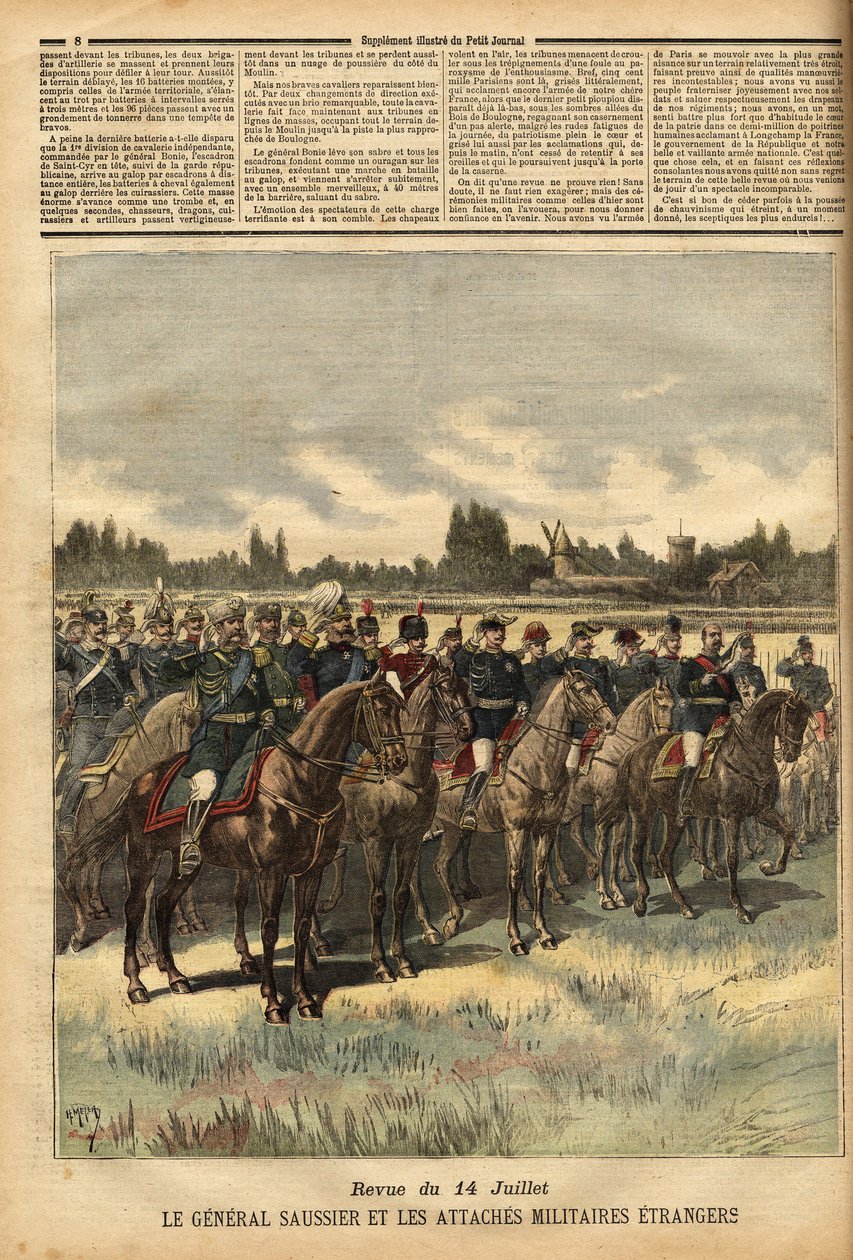 O general Felix Gustave (Felix-Gustave) Saussier (1828-1905), governador militar de Paris desde 1884, cercado de laços militares estrangeiros, reviu as tropas durante o dequeue a 14 de Julho de 1891 na planície do Bois de Boulogne. Gravação em "Le petit jo de Unknown artist