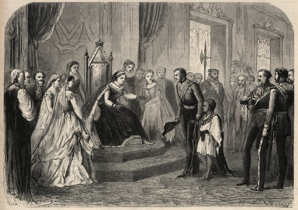 O General Robert Cornelis (Cornelius) Napier (1810-1890) apresentou Leul Alemayehou Tewodros (1861-1879), filho do negus etíope Theodoros II (Tewodros), à Rainha Victoria Iere (1819-1901). Gravura em "O Universo ilustre". de Unknown artist